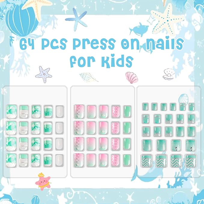 Laza Children Nails Press On Pre-glue Full Cover Light Powder Blue Gradient Sea Wave Pattern Seahorse Shell Glitter Short False Nail Kits for Kids Teenager Girls-Mermaid Pearl