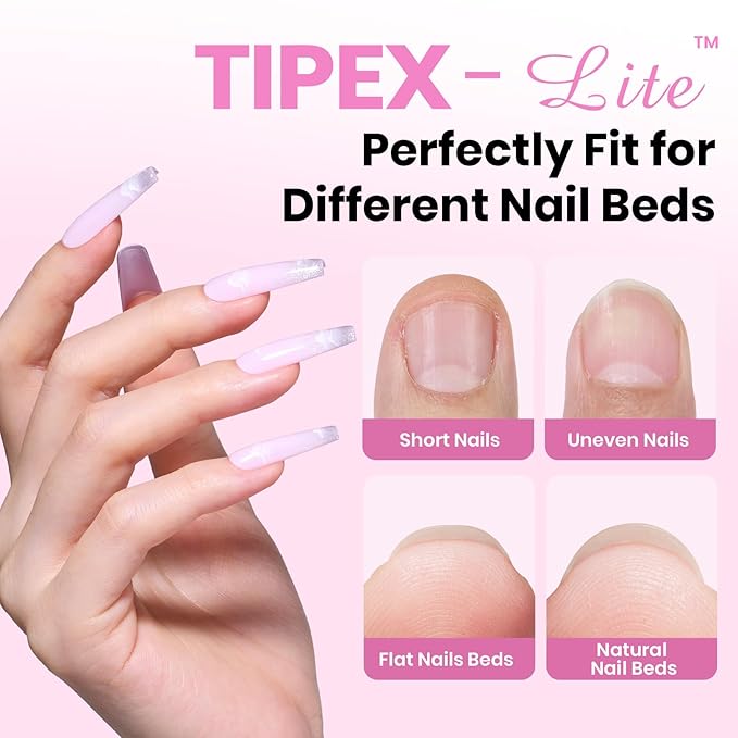 Beetles Tipex Lite Apex Nail Tips Kit, Coffin Long, 192pcs 16 Sizes,with UV Nail Glue, Base & Top Coat, Mini Nail Lamp, Nail Clipper & Cuticle Nipper,Pre-Building Pre-Etched Acrylic Tips Kit