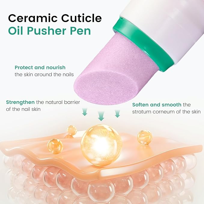 3PCS Ceramic Cuticle Oil Pusher Pen: 3-in-1 Nail Cuticle Buffer Pens for Hangnails, Dry & Damaged Nails, Moisturize Strengthen Brighten Nails Care