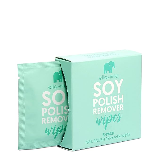 ella+mila Soy Nail Polish Remover Wipes - Non-Acetone, Non-Toxic Fingernail Polish Remover Pads - Travel Size, Individually Wrapped, Lint Free - Enriched with Vitamins (5 Pack)