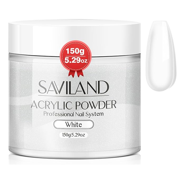 SAVILAND 5.29OZ White Acrylic Powder: Large Capacity Professional Bubble-Free Acrylic Nail Powder Chip-Resistant for Carving Extension French Manicure DIY at Home No Nail Lamp Needed