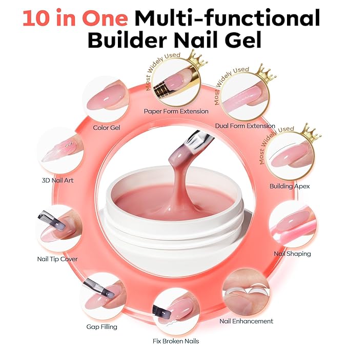 modelones Gel Builder for Nails, 10-in-One Builder Nude Rose Pink 2oz, High Thickness Hard Gel High Hardness for Extension Apex Building Sculpting Overlays Home Salon U V/LED Cured, 2oz