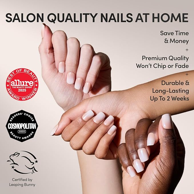 Glamnetic Press On Nails - Sugar Veil | Glazed Short Squoval Nude Fake Nails with Ombré, Salon Quality Neutral Nails | 15 Sizes - 30 Nail Kit with Glue