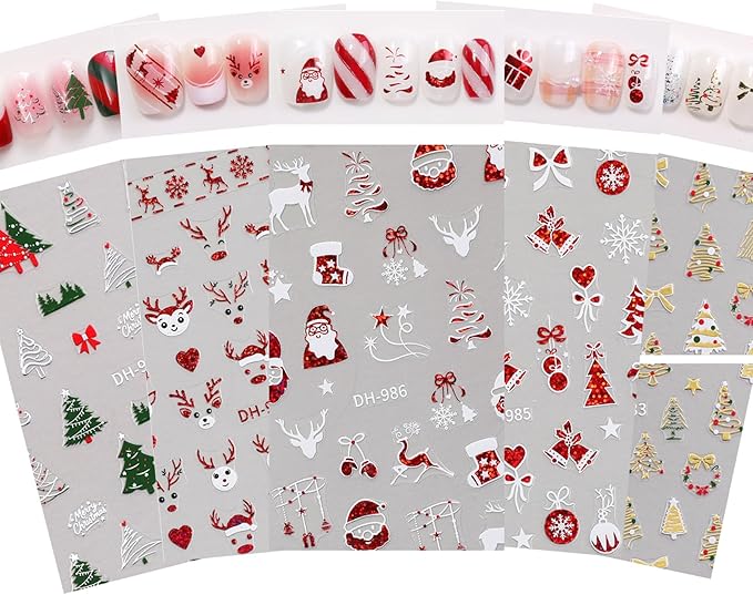 5 Sheets Christmas Nail Stickers for Nails Art 3D Xmas Red Gold Tree Nail Decals with Santa Claus Snowflake Elk Xmas Tree Design Manicure Decal Winter Nail Art DIY Decor Supplies for Women