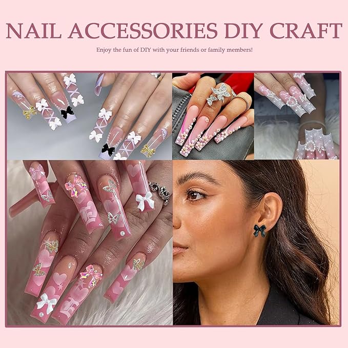 Bow Nail Charms and Gems Kit, 3D Color Kawaii Bow Nail Art Charms Gold Hollow Butterfly Charms Set for Nails Accessories DIY Decoration with Pickup Tools