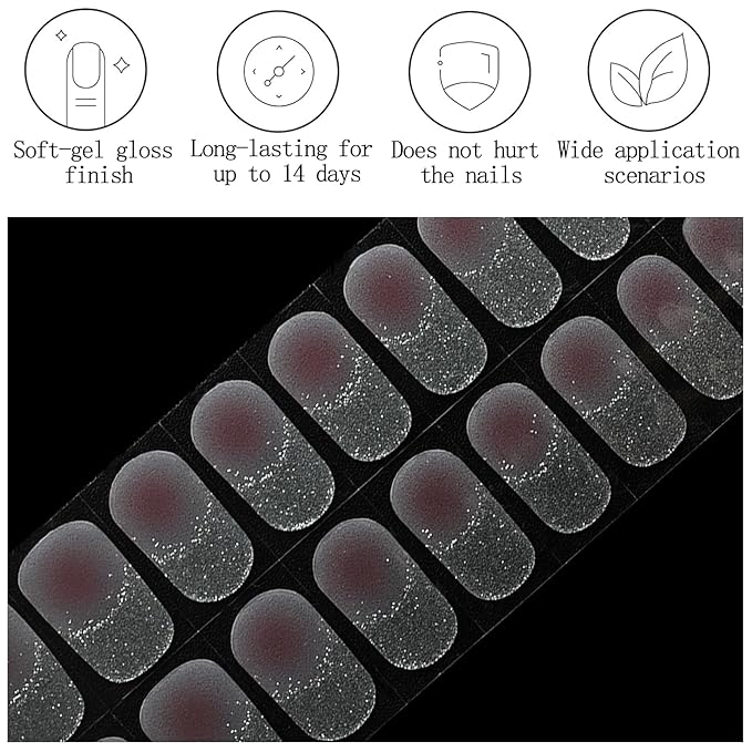 Blush Pink Semi Cured Gel Nail Strips French Tip 20Pcs Glitter UV Gel Nail Stickers Glossy Nails Polish Strips UV/LED Light Needed Self Adhesive Full Polish Nails Wraps for Women
