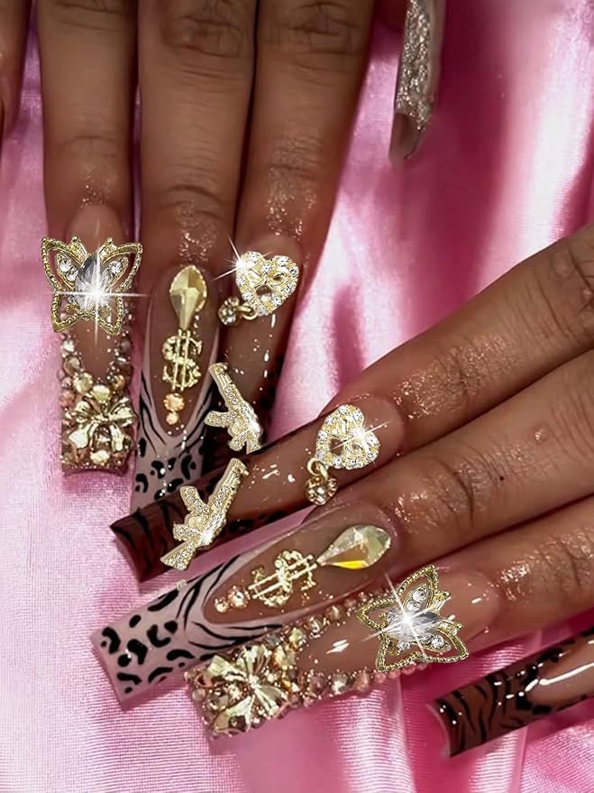 30PCS Gold Nail Charms, Wsimily 3D Y2k Butterfly Nail Charms Alloy Nail Art Rhinestone Shiny Cherry Snake Nail Decorations for DIY Nail Art