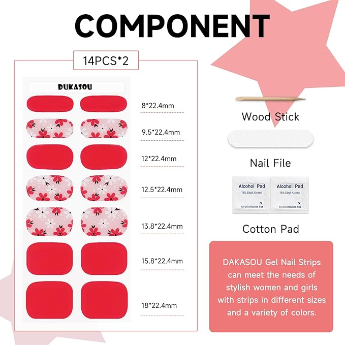 Semi Cured Gel Nail Strips (Red), 28 pcs Gel Nail Stickers, Work with Any UV Lights, Long-Lasting NailWraps for Women DIY Gift, Salon-Quality, Easy to Apply & Remove