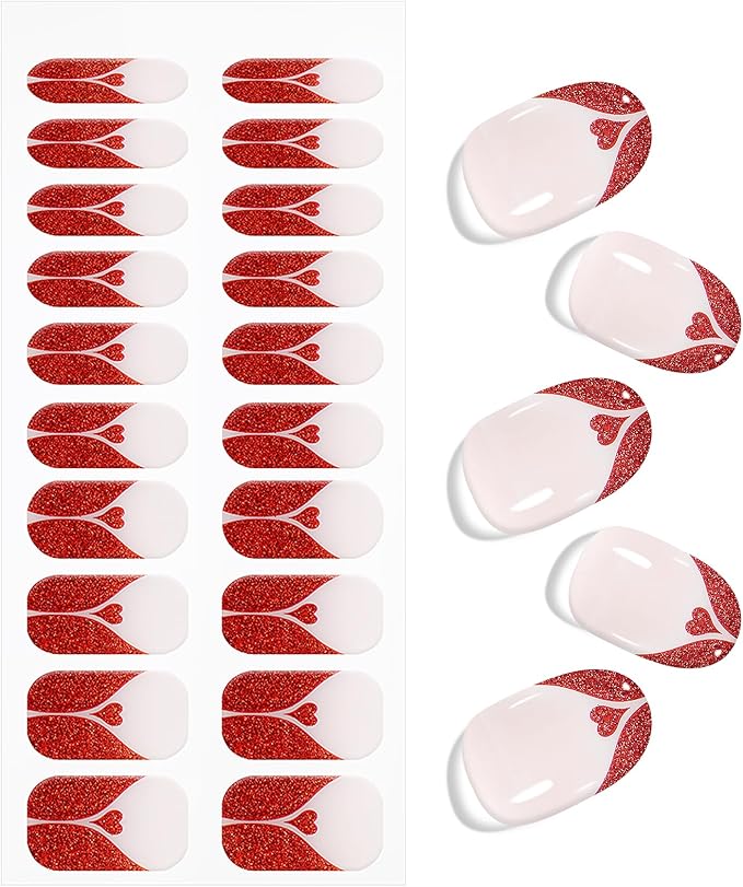 JMEOWIO Gel Nail Stickers Valentines Day Cream Pink Glitter Red Heart Semi Cured Gel Nail Strips Wraps UV/LED Nails Art Design Decoration Accessories