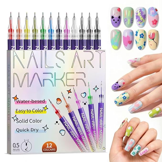12 Color Nail Art Pens Set, Nail Art Markers & Nail Polish Pens with 0.5mm Fine Tip for Quick-Dry Graffiti, Dotting, Drawing, Painting, Liner - Professional DIY Home Salon Manicure Tools