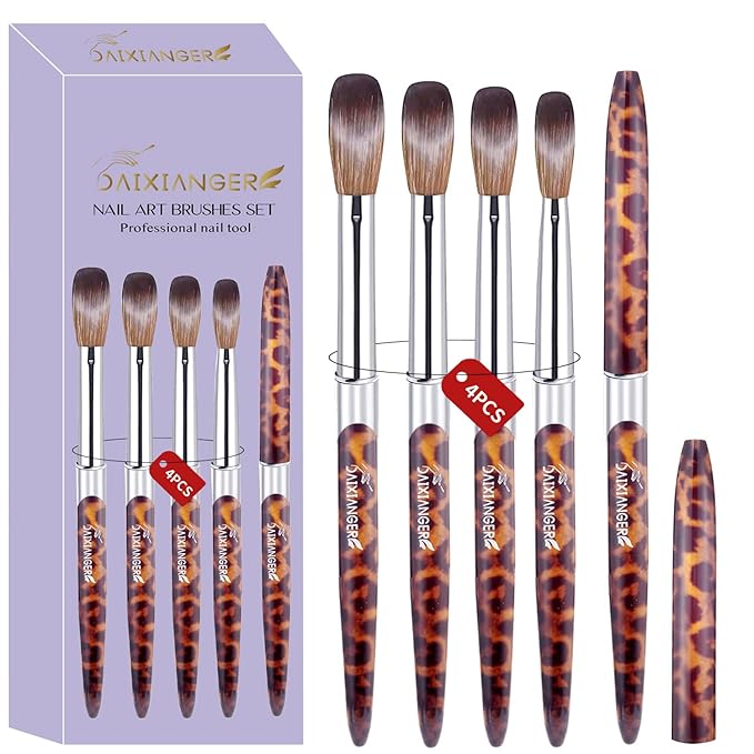 4PCS Professional Acrylic Nail Brush Set - Size 10/12/14/16 Brushes for Acrylic Powder Application, 3D Carving & Nail Art Extension, Leopard Print Handle Nail Tools for DIY Salon Manicure