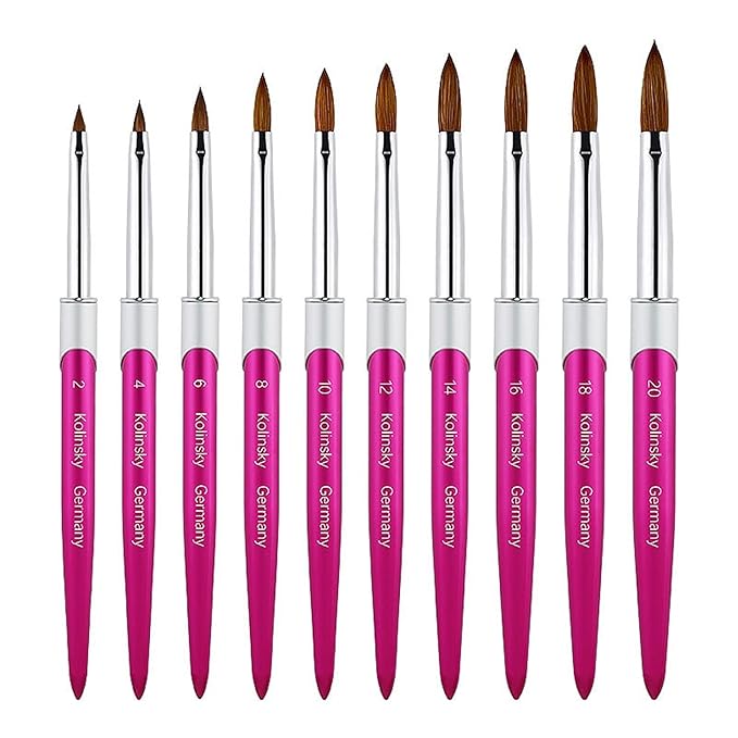 100% Pure Kolinsky Acrylic Nail Brush Size 10, Hair Acrylic Crystal Hot Red Pink with Silver Ferrule Round Shaped for Women Girls Manicure Tools Accessories