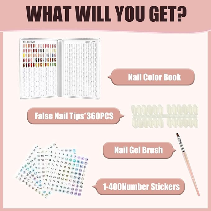 308 Colors Chart With 360 Tips Professional Swatches Book Gel Polish Display Card Book With Brush and Number Sticker for Nail Salons (Silver, One Size)