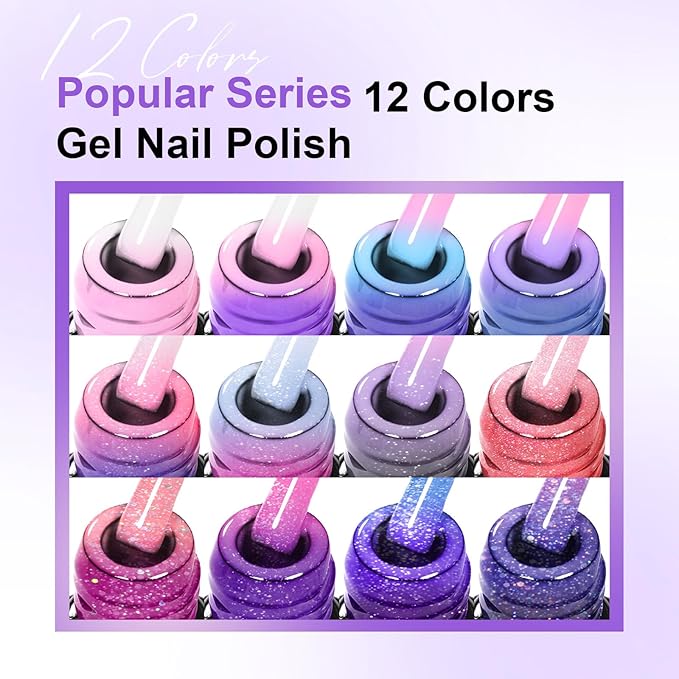 MEET ACROSS 12Pcs Color Changing Gel Nail Polish Set Temperature Mood Changed Glitter Nail Polish Gel Pink Purple Blue Gel Polish DIY Salon Gift for Women
