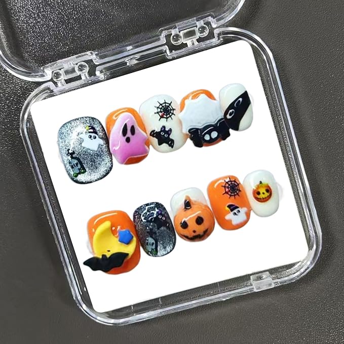 Handmade Press on Nails Short Square Fake Nails with Design Handmade Cute Cartoon Ghost Pumpkin Bat Glue on Nail Glitter False Nails Full Cover Thick Acrylic Halloween Nail for Women（Size M)