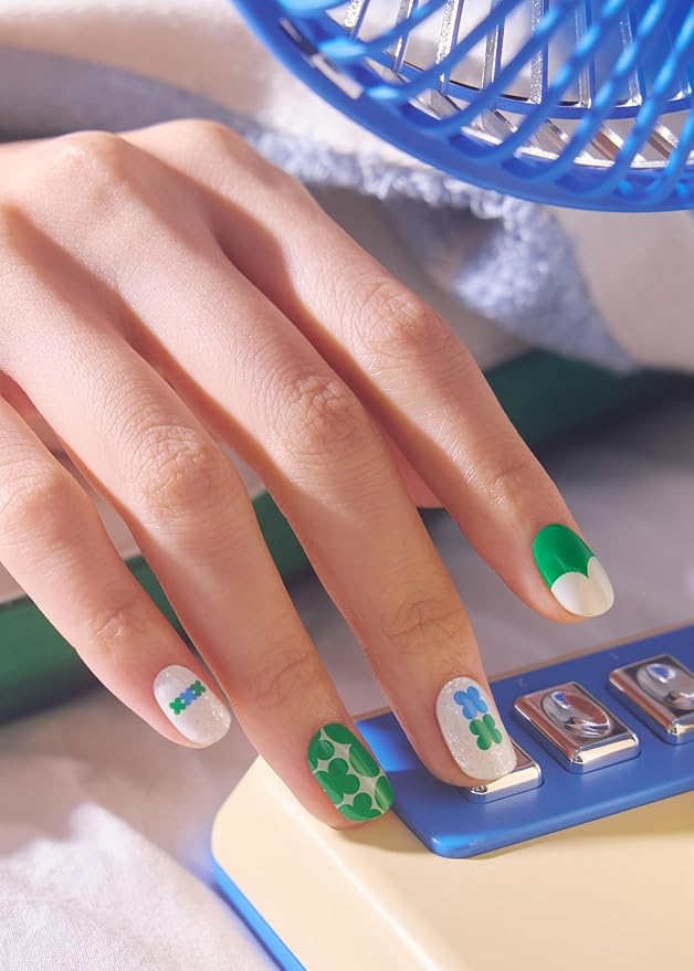 ohora Semi Cured Gel Nail Strips (N Clover Parade) - Works with Any Lamps, Salon-Quality, Long Lasting, Easy to Apply & Remove - Includes 2 Prep Pads, Nail File & Wooden Stick