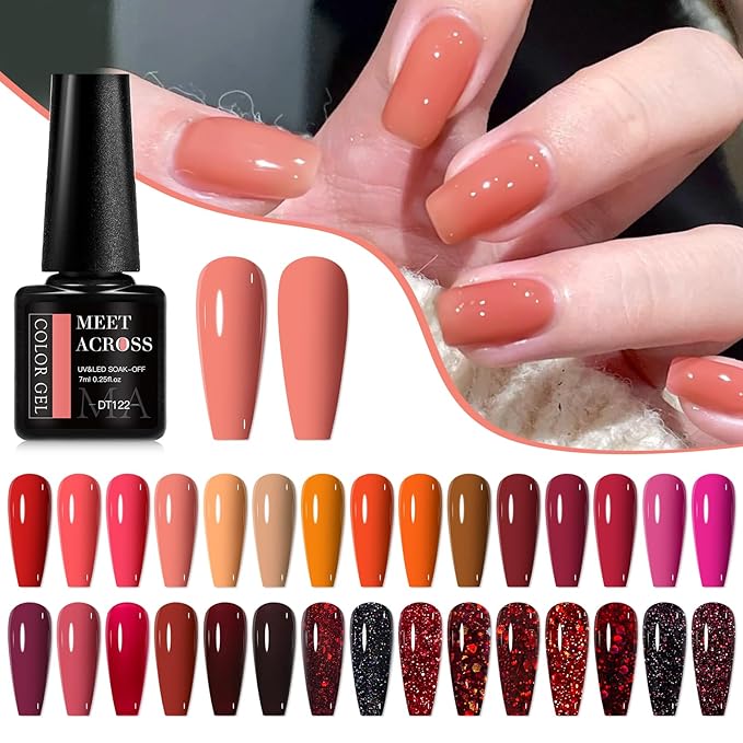 MEET ACROSS 30 PCS Red Gel Nail Polish Set, Burgundy Gel Kit Glitter Nail Polish Soak Off Rose Dark Red Shimmer DIY Home Salon Manicure Gifts for Women Girls