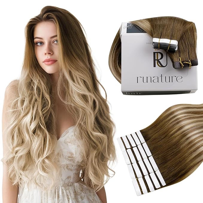 RUNATURE Balayage Tape in Hair Extensions Human Hair 12 Inch Real Hair Extensions Tape ins Straight Tape in Extensions Human Hair for Women Balayage Brown to Blonde Natural Remy Hair 30g 20pcs