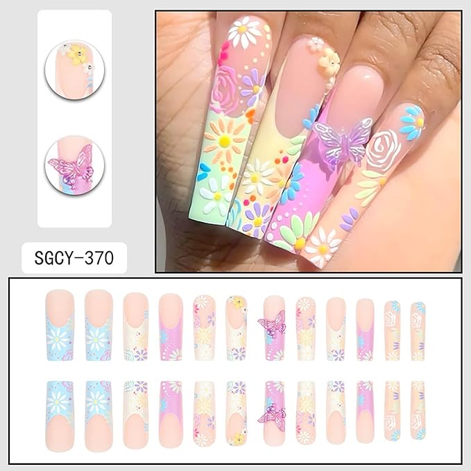 Extra long Press on Nails Xl Square Fake Nails French Tip Nails Press ons Glue on Nail wtih Flower Design False Nails 3D Butterfly Acrylic Spring Summer Artificial Nail for Women and Girls
