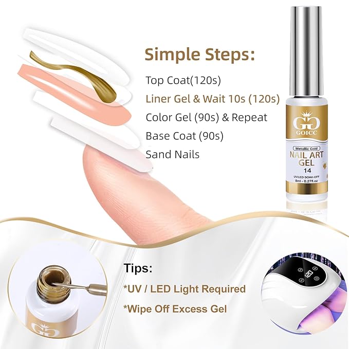 Metallic Gel Nail Polish Gold Gel Liner For Nail Art Chrome Silver Nail Polish 8ml 2 PCS 3D Mirror Chrome Effect Painting with Thin Brush French Nail Design Curing Requires (Metallic Sliver Gold)