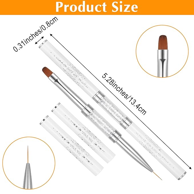 2Pcs Double Ended Nail Builder Gel Brush, Hard Gel French Tip Brushes, Brush Liner with Rhinestone Handle for Salon-Grade Nail Art Design Tool (White)
