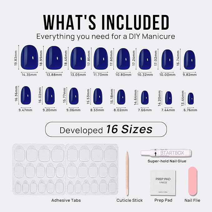 BTArtbox Press On Nails Short - Navy Blue Press On Nails, Short Oval Fake Nails with Nail Glue, Natural Soft Gel Nail Kit, Natural Reusable Glue On Nails in 16 Sizes, Mystic