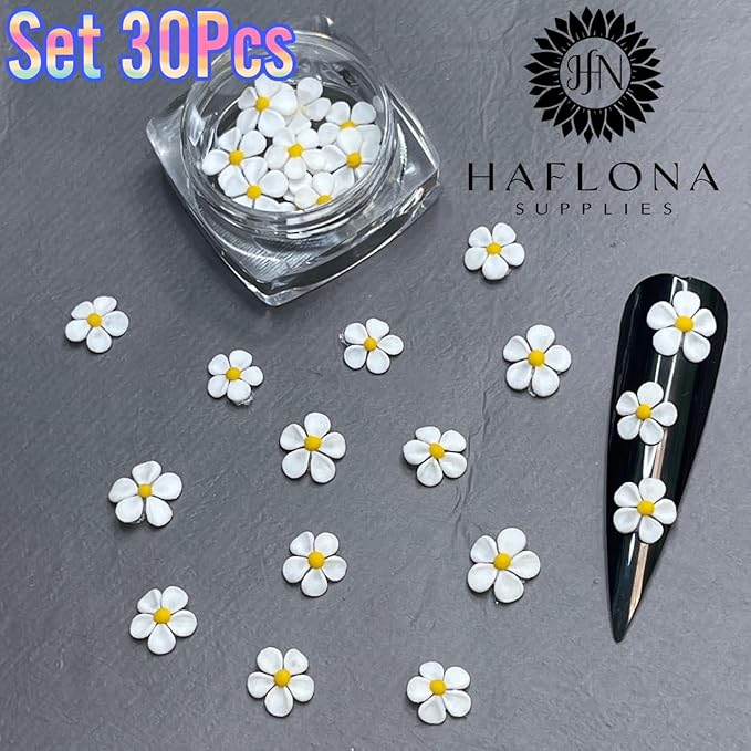 Set 30Pcs White 3D Flowers for Nails, Handmade 3D Acrylic Flowers for Nails, Flower Nail Charms Rhinestones Gems by Acrylic Powder Design Deco Nail Art Women Girls (White+Yellow pistil-30Pcs)