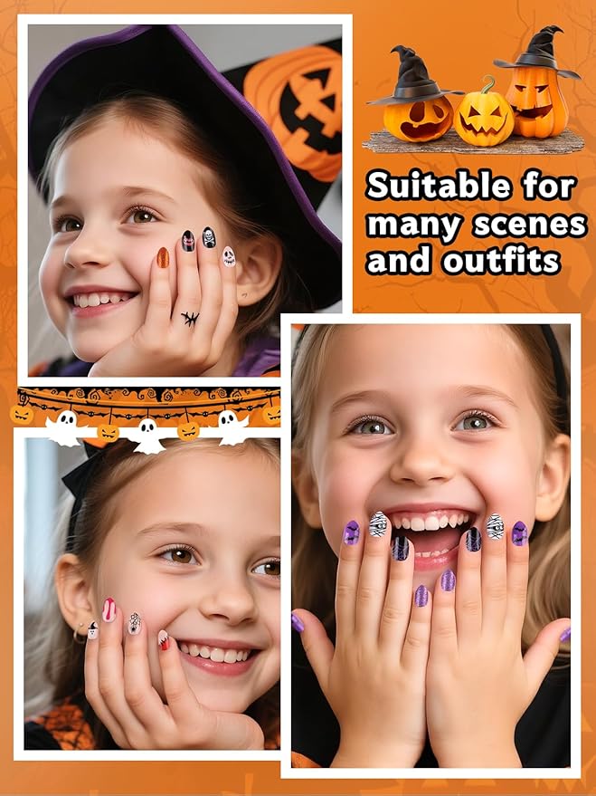 EBANKU Halloween Kid Press on Nails, 72Pcs Almond Fake Nails Kit Full Cover Bat Pumpkin Wed Design Stick on Nail with Nail Glue for Girl
