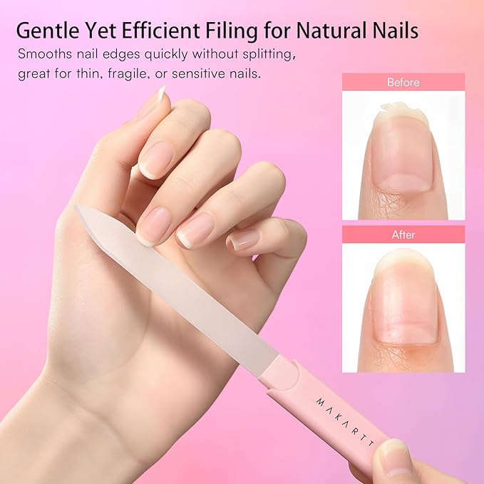 Makartt Nail File: Glass Nail File for Natural Nails - Gentle Crystal Nail Filer, Double-Sided Sandblasted Nail Buffer, Reusable Nail Care Tool for Home Manicure, 1pc Pink
