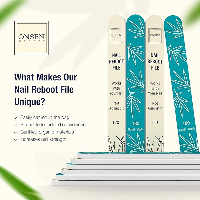 Onsen Secret Japanese Nail File - Professional 10-Pack Nail Files, Double Sided Natural & Acrylic Filers - 120/180 Grit - Disposable, Salon Smooth | Best Onsen File for Shiny Nails