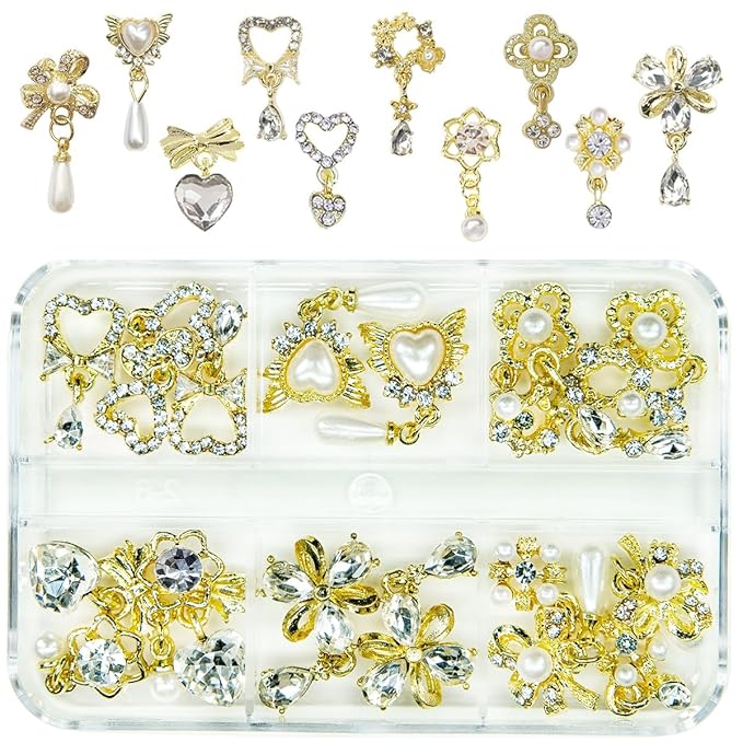 20Pcs Luxury Nail Charms 10 Pair Dangle Nail Art Rhinestones Heart Charms for Nails Flower Nail Crystals Heart Pearl Crystal Big Gems 3D Alloy Gold Luxury Nail Gems for Nails Crafts DIY Jewelry Making
