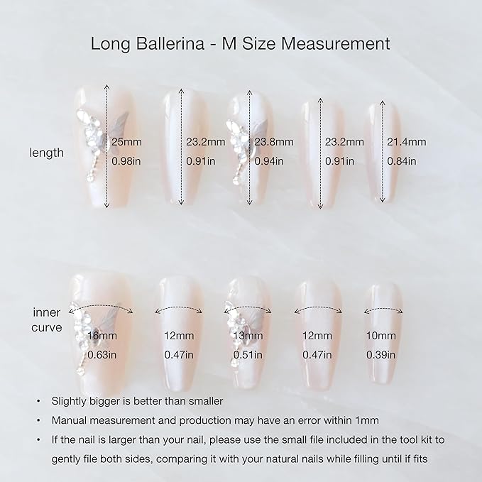 Press On Nails, Long Ballerina Coffin Shape, Nude Pink with Butterfly Rhinestone Design, Handmade False Nail 10 Pieces (Medium,LB)