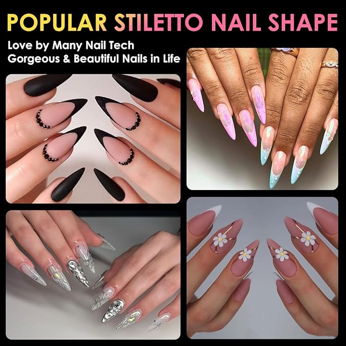 Medium Stiletto Nail Tips, BORNBYME 504PCS Pre Buff Full Cover Shaped Nail Extenison Tips Half Matte Gel X Nail Tips