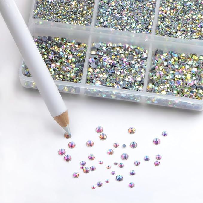 Bymitel Hotfix Crystal Rhinestones Round Gems for Crafts,Mixed 6 Sizes with Wax Pencil Kit, Crystal AB 1.3-3.2mm (SS3-SS12/8000pcs)