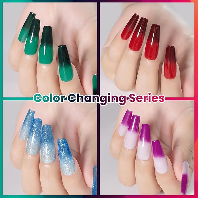YTD Likomey Color Changing Gel Nail Polish 6 Colors with Base and Top Coat Kit,Fall Winter Mood Temperature Change Colors Red Green Blue Ombre Thermal Manicure UV Color Gel Set,8 Pcs 7.5 ml