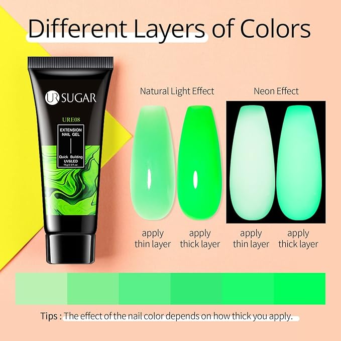 UR SUGAR 12 Colors Neon Glow in The Dark Poly Extension Gel Nail Polish Set, Hot Pink Neon Green Yellow Orange Bright Colors Glow in The Dark Poly Nail Gel Kit Long Lasting Soak Off Gel Polish Gift B