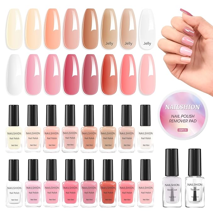 Neutral Collections Nail Polish Set with Base-Top Coat 16 Colors Nude Pink Peach Milky Rose Beige Skin Tones Fingernail Polish with Remover Pads, Salon Home DIY Nail Art Manicure Gift