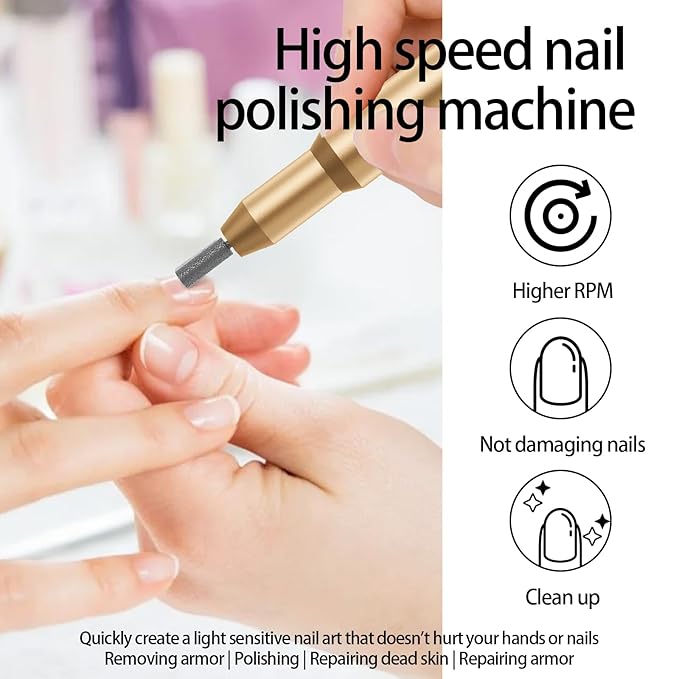 Nail Drill Kit Electric Rechargeable Set Cordless Nail Art Grinding Machine Compact Professional Nail File for Gel Manicure Pedicure Polishing Tool Household,Nail Removal Machine (Golden)