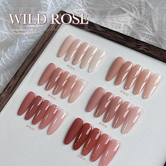 GAOY Wild Rose Jelly Nude Gel Nail Polish Set, 6 Transparent Colors Sheer Pink Brown Soak Off UV Light Cure Gel Polish Kit for Salon and Nail Art DIY at Home