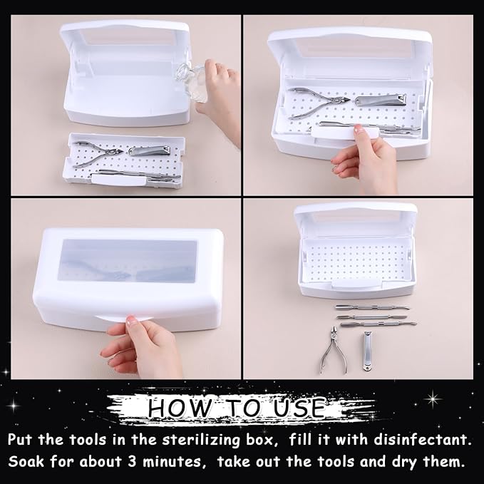 Nail Tool Sterilizer Box Plastic Disinfectant Container for Nail Art Accessories Tools, Sterilizer Soaking Box with Strainer Pedicure Manicure Cleaning Equipment, White