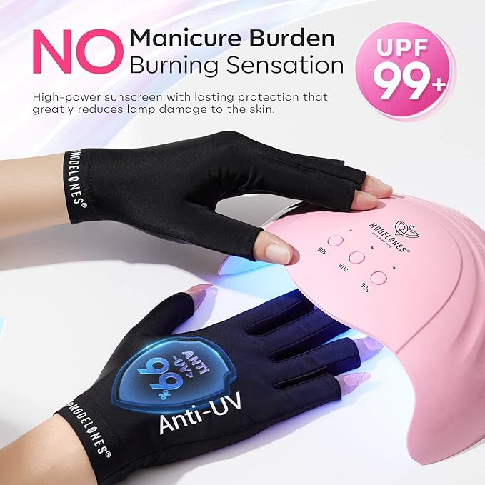 modelones Professional UPF99+ UV Protection Gloves and Rhinestone Glue for Nail, No Wipe Nail Gem Glue, Super Strong Adhesive Glue Gel with Nail Charms & Dual-Use Nail Brush for Nail Rhinestones/Nail