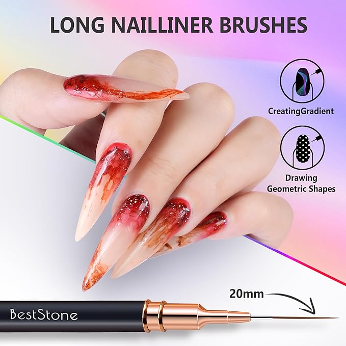 Metallic Nail Art Liner Brushes, 6Pcs Professional Gel Polish Painting Art Design Pen Set for Long Lines, Thin Details, Fine Drawing Sizes 5/7/9/11/20/25mm Nail Art Design Gift for Women(silver)