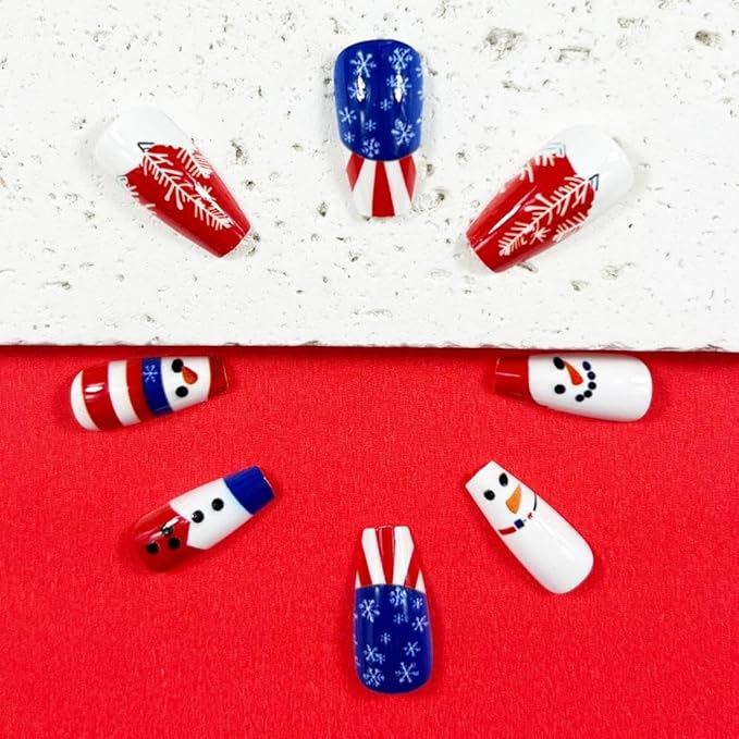 Independence Day Press on Nails Medium Coffin Fake Nails with Snowman Design Snowflake 4th of July Nails Red Blue Striped Glue on Nail Glossy Summer Christmas False Nail for Women Manicure 24Pcs