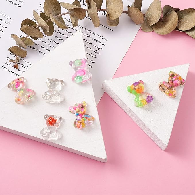 FASHEWELRY 60Pcs Transparent Resin Gummy Bear Cabochons Flatback 3D Cute Cartoon Bear Slime Charms with Star Paillette for DIY Jewelry Making