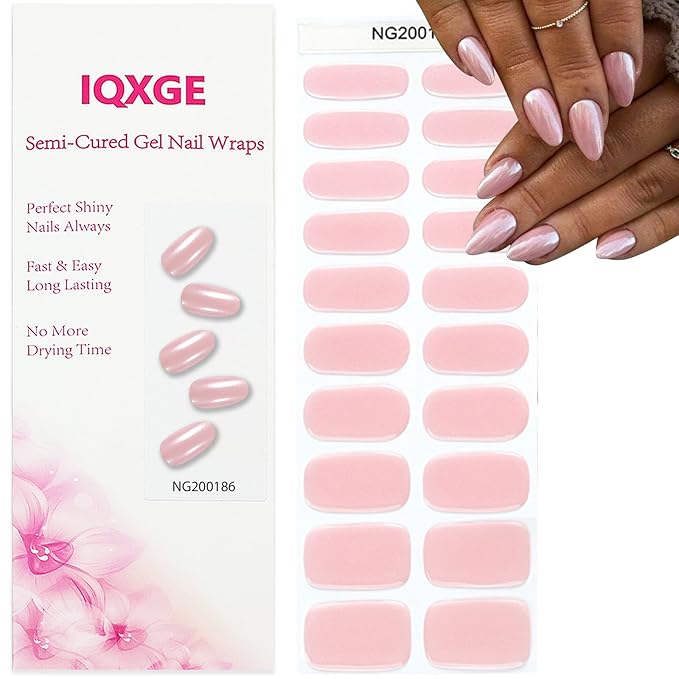 Semi Cured Gel Nail Strips Mirror Pink Gel Nail Stickers 20Pcs Polish Nails Wraps UV/LED Light Needed Gloss Nails Polish Strips for Women Includes Prep Pads, File, Wooden Cuticle Stick