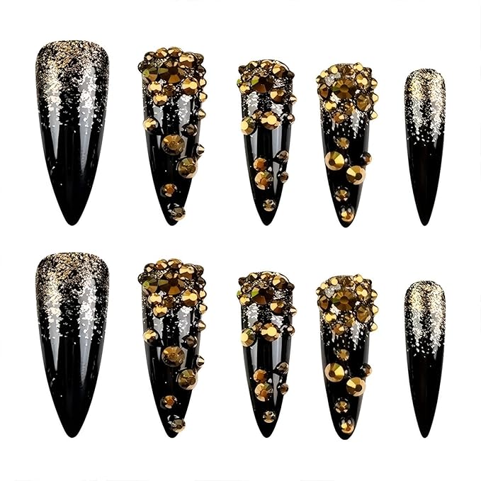 Long Black Press on Nails Almond Tip False Nails with Gold Glitter Fake Nails for Women