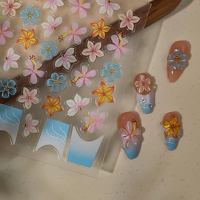 1Sheet 5D French Tip Nail Art Stickers Embossed Spring Nail Decals Colorful Camellia Lily Hibiscus Cherry Blossom Nail Design Supplies Self Adhesive Flower Nail Stickers for Women DIY Manicure