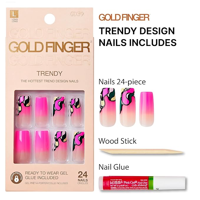 Goldfinger Trendy False Nails Kit, Long Square Design Nail, Playful Classic Vibrant Pink Abstract Print, Ready to Wear Gel & Manicure Stick Included, Long-Lasting Convenient & Easy to Apply