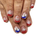 Independence Day Press on Nails Short Square False Nails with Red Blue French Tips Design Glossy Glitter Fake Nails White Star Artificial Nail 4th of July Acrylic Nail for Women Girls Manicure 24Pcs