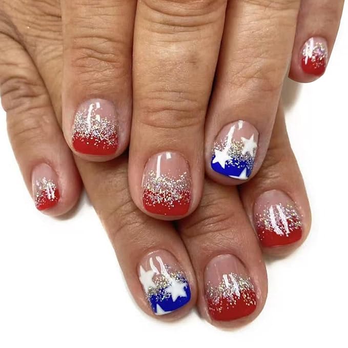 Independence Day Press on Nails Short Square False Nails with Red Blue French Tips Design Glossy Glitter Fake Nails White Star Artificial Nail 4th of July Acrylic Nail for Women Girls Manicure 24Pcs